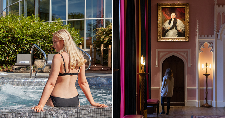 woman sat in outdoor pool at Seaham Hall and woman looking at painting inside Auckland Castle